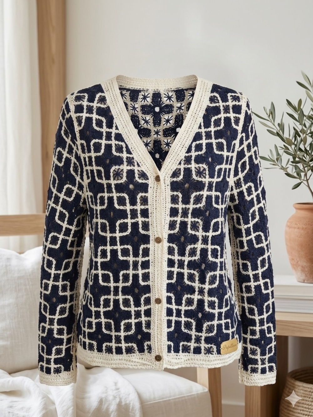 Papillon Blanc Navy & Cream Crochet-Style Button Cardigan